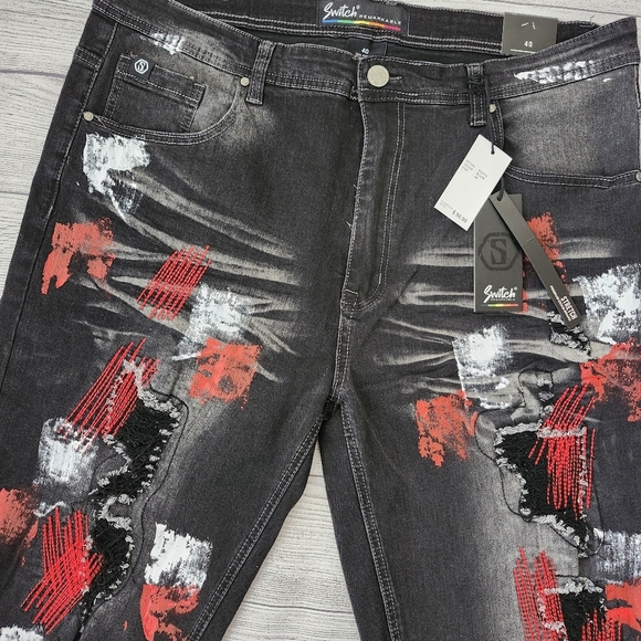 Black and Red Splatter Paint Distressed Men's Biker Shorts (Size 40 & 42) - Picture 2 of 15